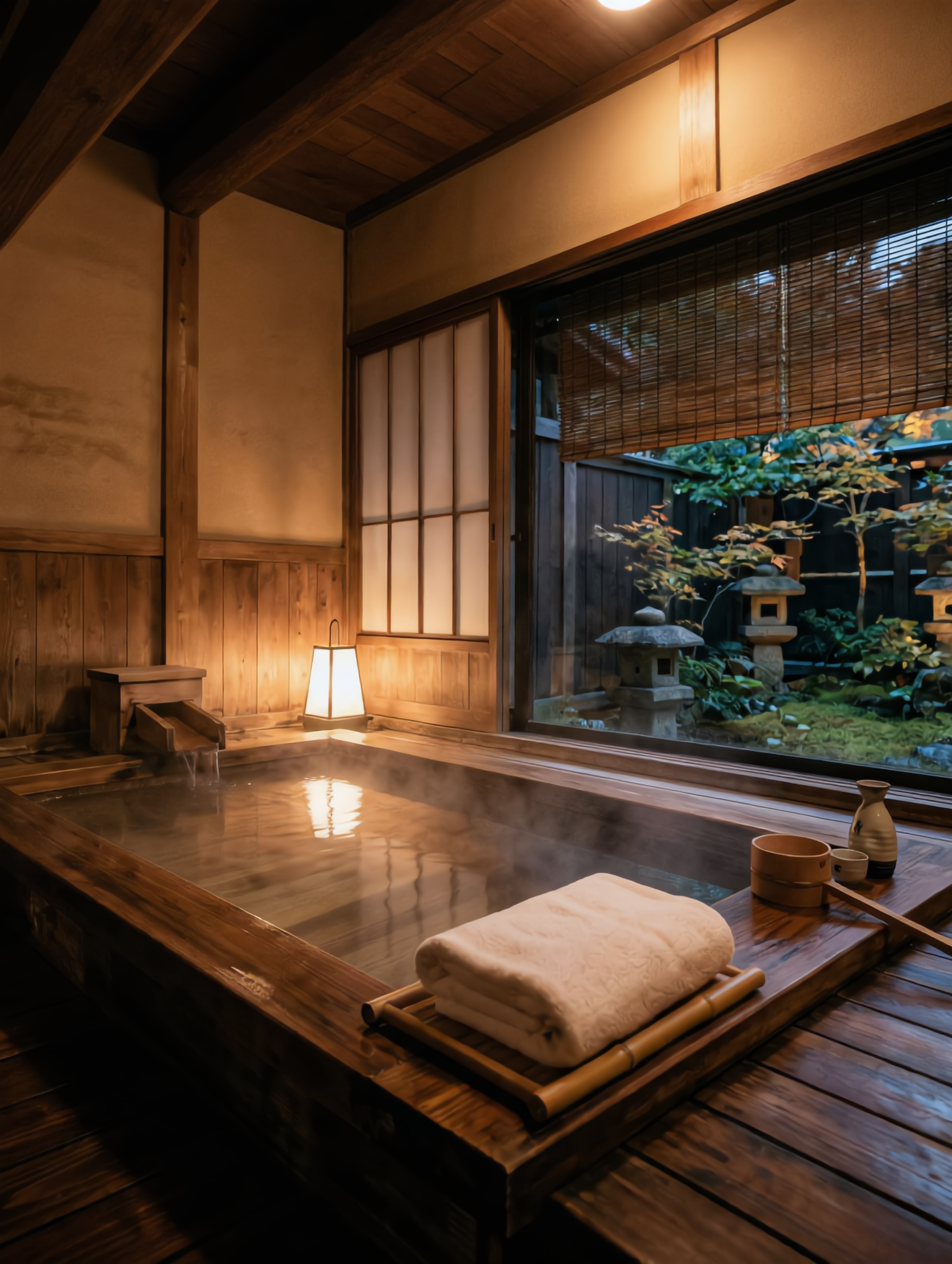 Bain privé onsen dans un ryokan japonais avec lanterne et vue sur jardin zen - Safarinity hébergement Muslim-friendly